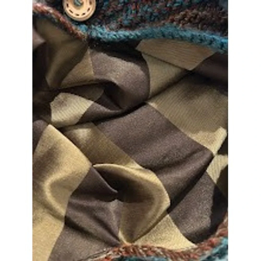 Crocheted Shoulder Bag Boho Artisan‎ Button Detail Teal Brown